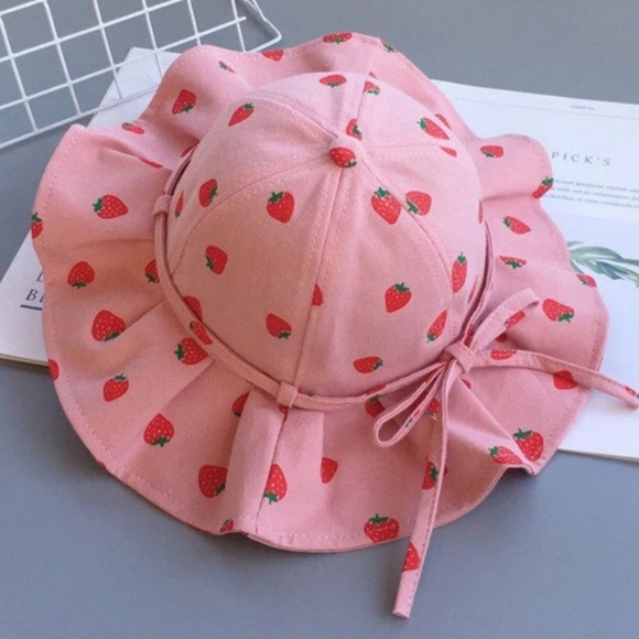 None Other - Cherry Print Bucket Hat Kids Beach Sun Bonnet Fisherman Pink Summer Bow Cap